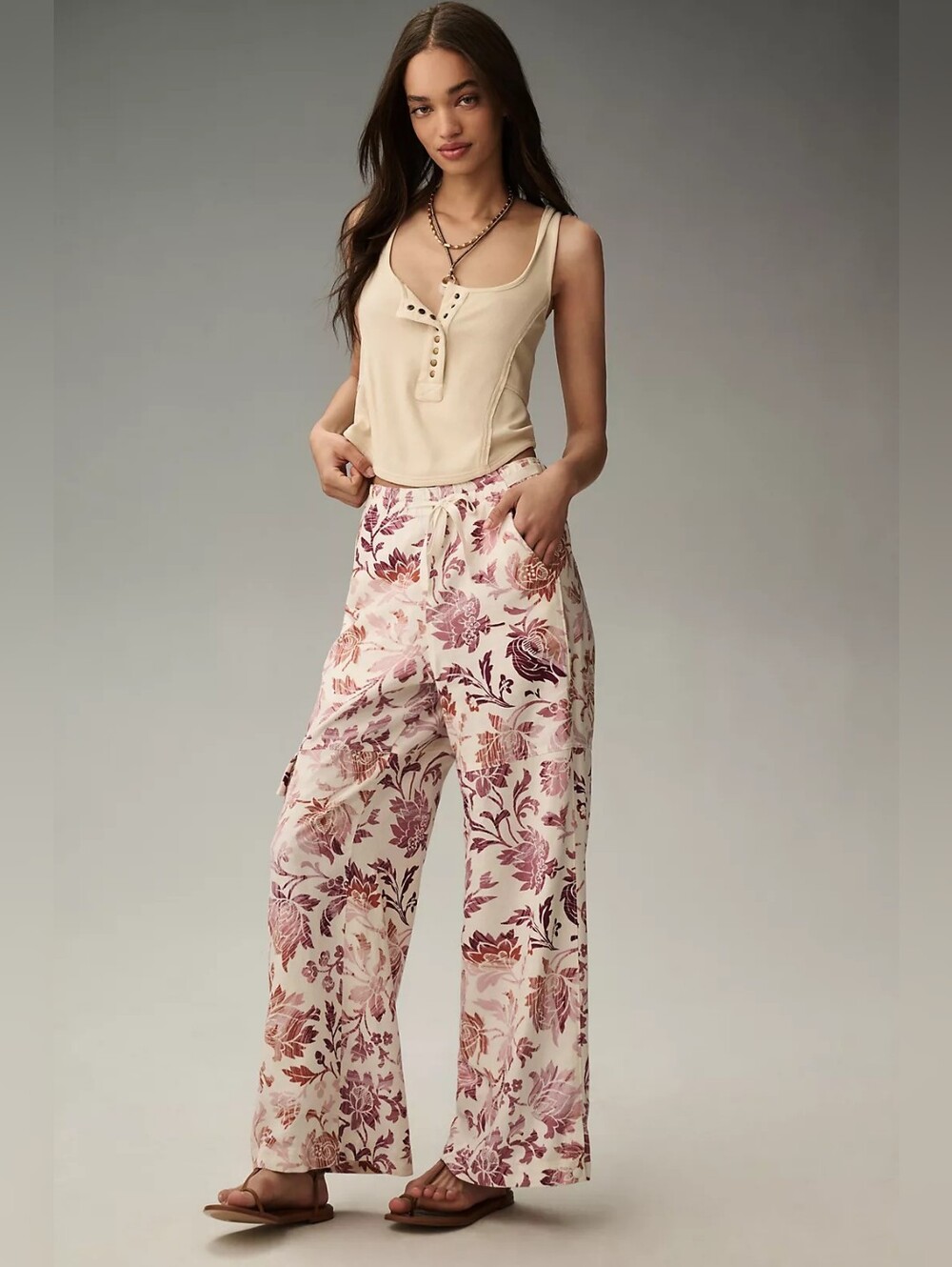 Pilcro Anthropologie Linen Printed Beach Cargo Wide Leg Pants Size S